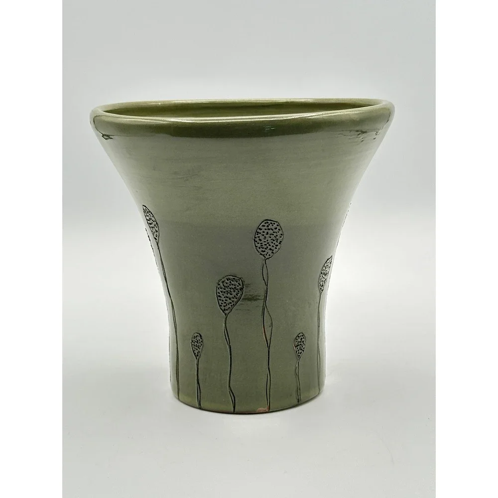 Diana Fayt Synergy Designs Green Pottery Vase Artist Signed Made in Hungary 6in